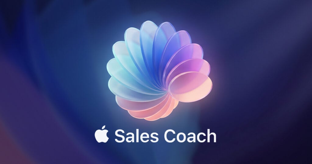 A glossy fanned-petal spiral in pastel blue, purple, and peach floats above the white Apple logo and the words "Sales Coach" on a deep navy gradient background.