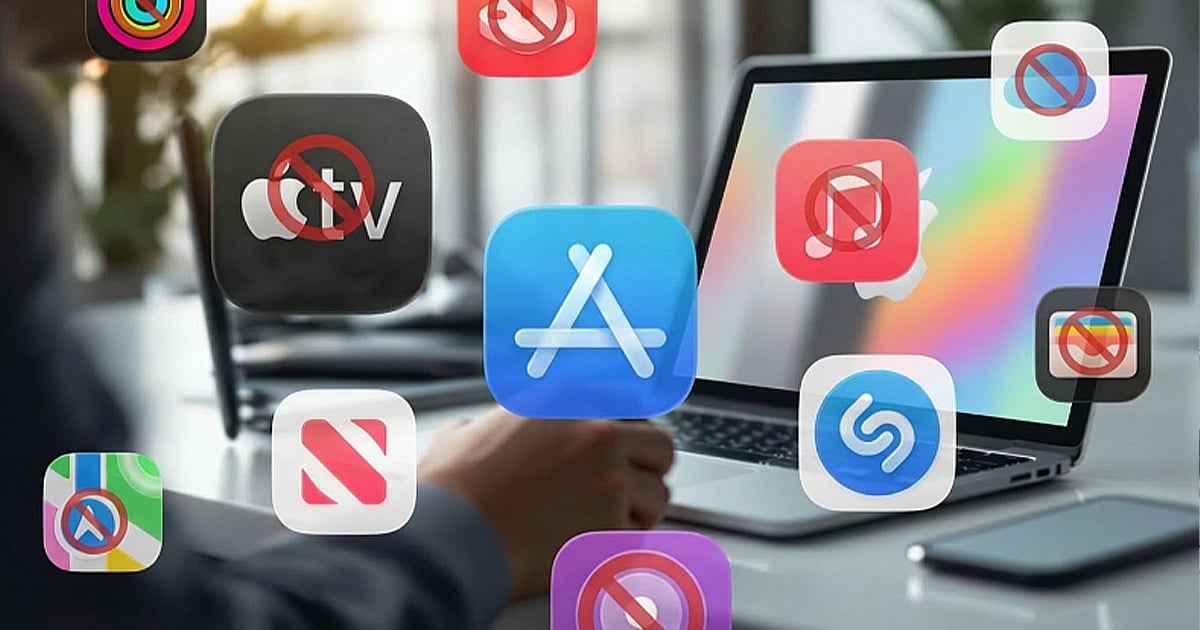 Floating Apple app icons surround a person working at a MacBook, with the App Store, Shazam, and Apple News icons visible while others like Apple TV, Music, Maps, and Photos are crossed out with red prohibition symbols.