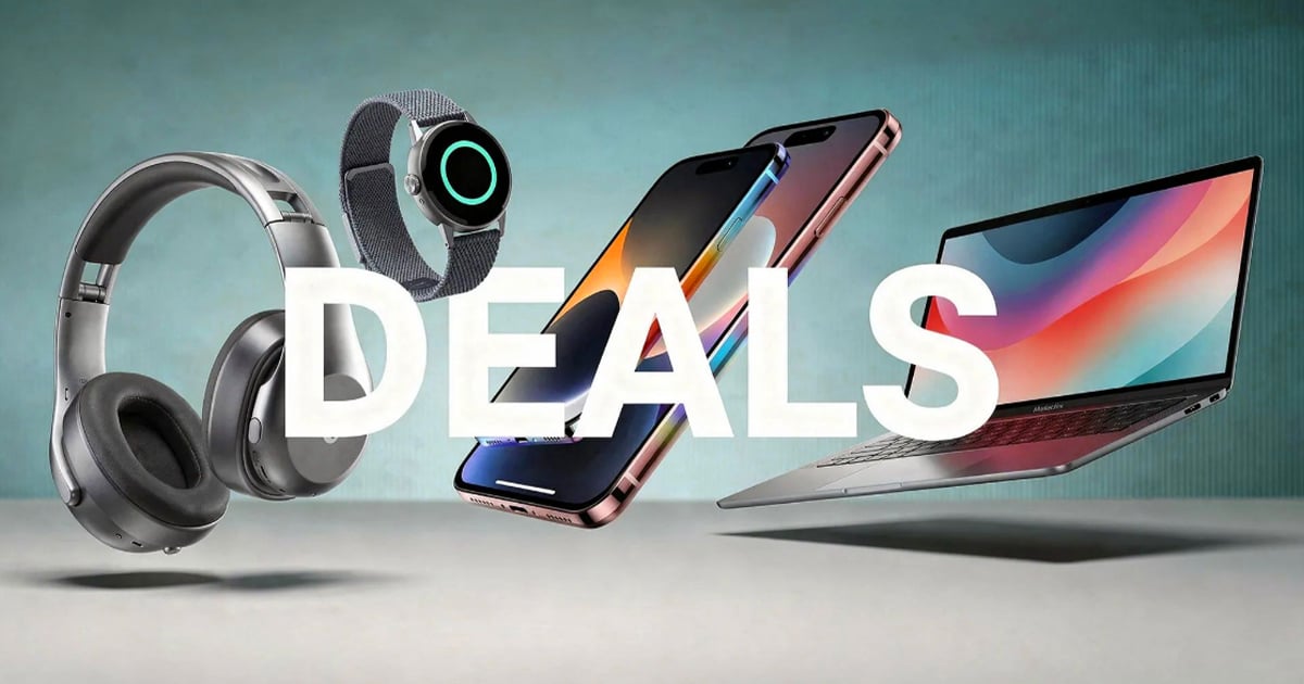 Over-ear headphones, a smartwatch, two iPhones, and a MacBook float against a teal backdrop with the word "DEALS" in large white letters across the center.