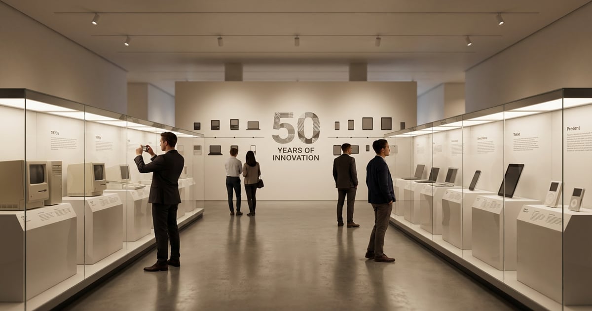 Visitors walk through a bright museum gallery of glass display cases holding vintage and modern Apple computers, with a back wall reading "50 YEARS OF INNOVATION" above a timeline of device silhouettes.
