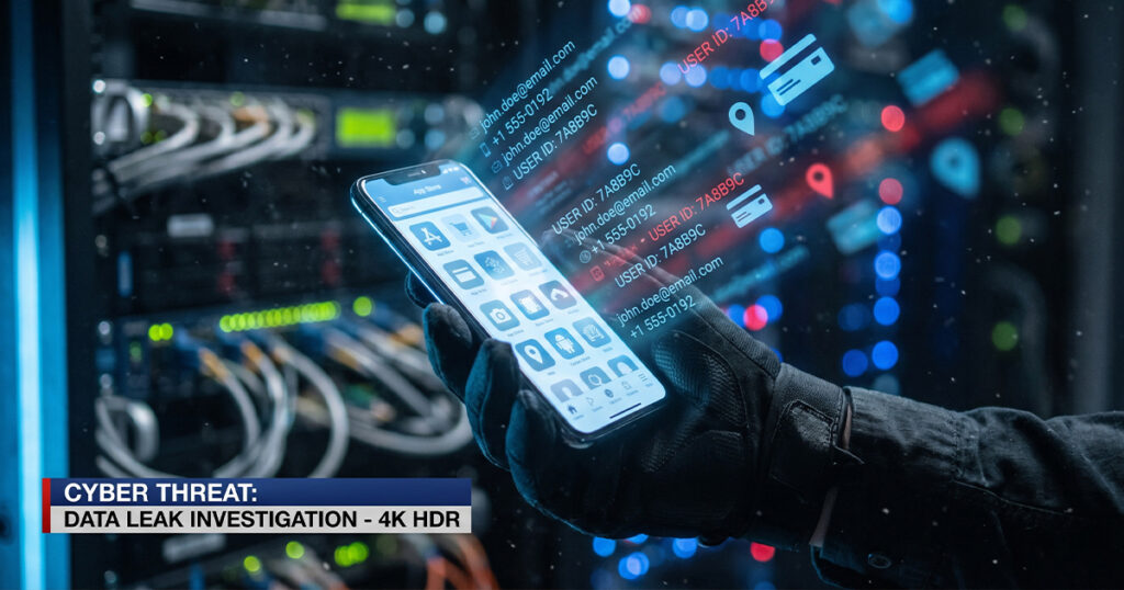 A black-gloved hand holds a smartphone showing an app store screen while holographic leaked data (emails, phone numbers, user IDs, card and location icons) streams out of it in a server room, with a chyron reading "Cyber Threat: Data Leak Investigation - 4K HDR."