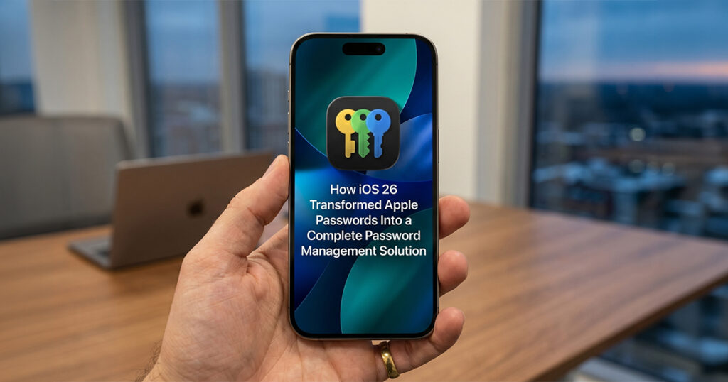 A hand holds an iPhone displaying the Apple Passwords app icon with three colored keys above the on-screen headline "How iOS 26 Transformed Apple Passwords Into a Complete Password Management Solution," in front of a blurred office window at dusk.