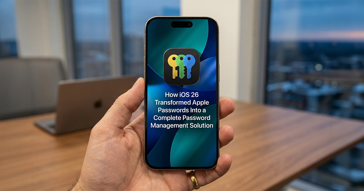 A hand holds an iPhone displaying the Apple Passwords app icon with three colored keys above the on-screen headline "How iOS 26 Transformed Apple Passwords Into a Complete Password Management Solution," in front of a blurred office window at dusk.