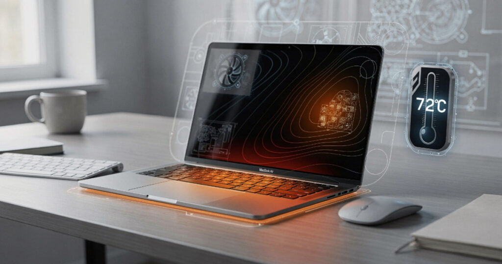 A silver MacBook Air on a wooden desk with glowing orange heat visualization under the keyboard, holographic fan and circuit overlays, and a floating thermometer widget reading "72°C."