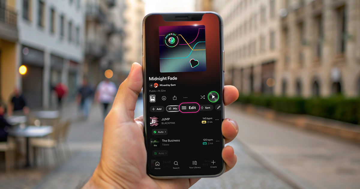 Hand holding an iPhone displaying a Spotify playlist called "Midnight Fade" with the Edit button highlighted, tracks by BLACKPINK and Tiësto listed below, on a blurred city street.