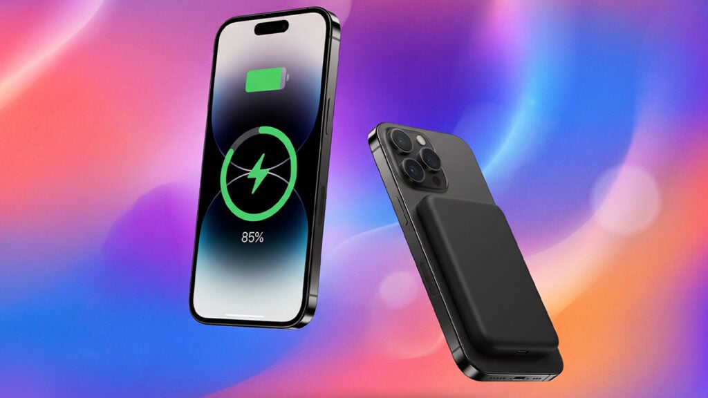Two iPhones on a colorful gradient background, one showing a green charging ring at 85% battery and the other with a black MagSafe battery pack attached to its back.