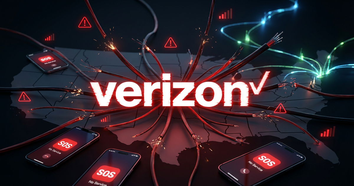 A conceptual graphic showing the glowing Verizon logo over a dark US map with severed, sparking red cables radiating outward and multiple smartphones displaying red "SOS No Service" alerts.