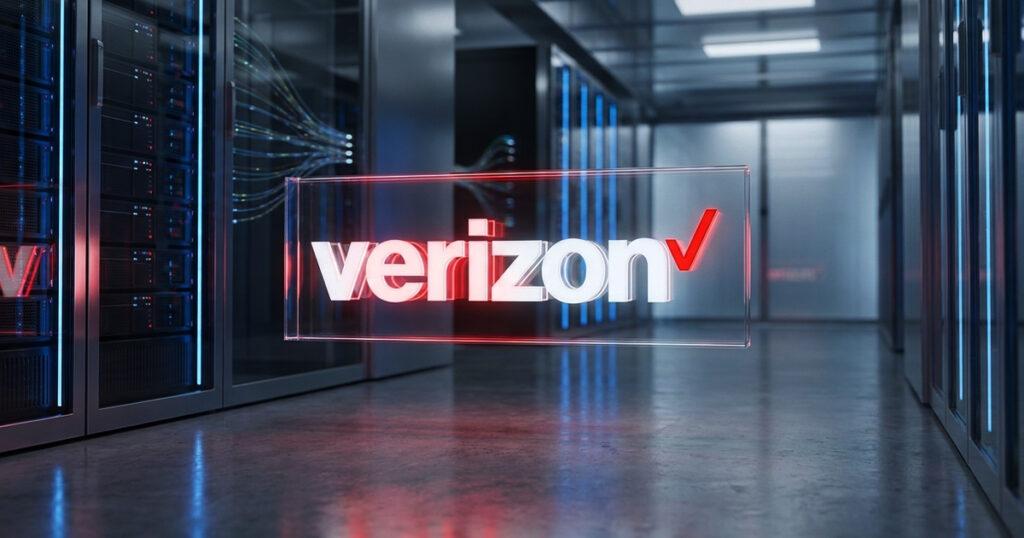 Glowing Verizon logo floating in a glass panel inside a dark data center corridor lined with server racks and blue and red lighting