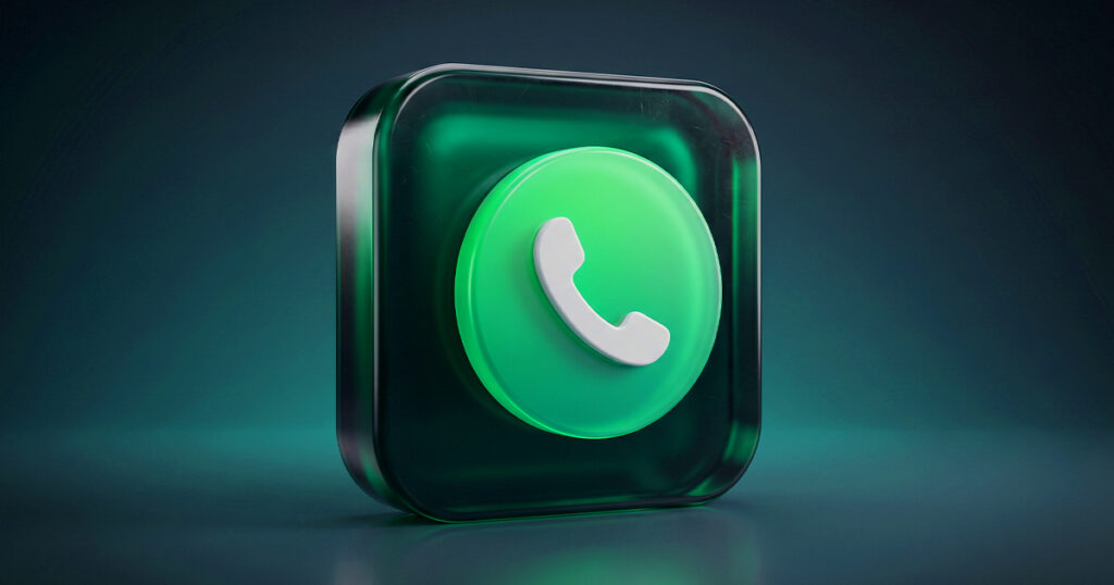 A glossy 3D app icon of a white phone handset inside a glowing green circle, set in a translucent dark rounded square floating against a deep teal background.