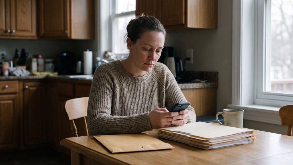 A woman sits alone at a kitchen table holding a dark, locked smartphone, with a stack of document folders and an unopened envelope beside her.