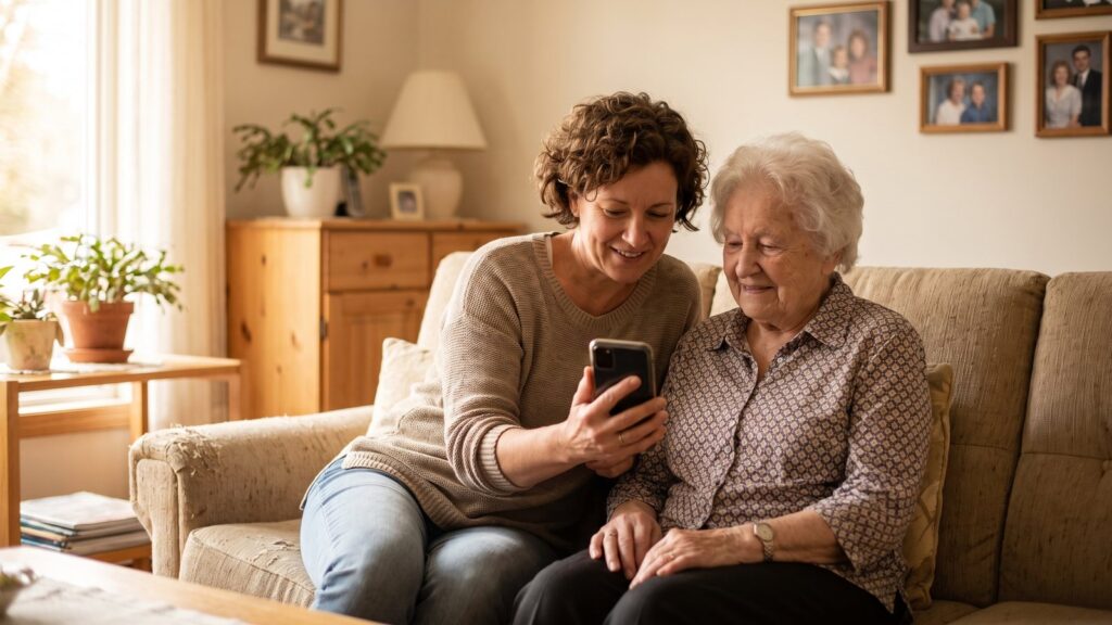 An adult daughter sits close beside her elderly mother on a sofa, showing her something on a smartphone held between them.