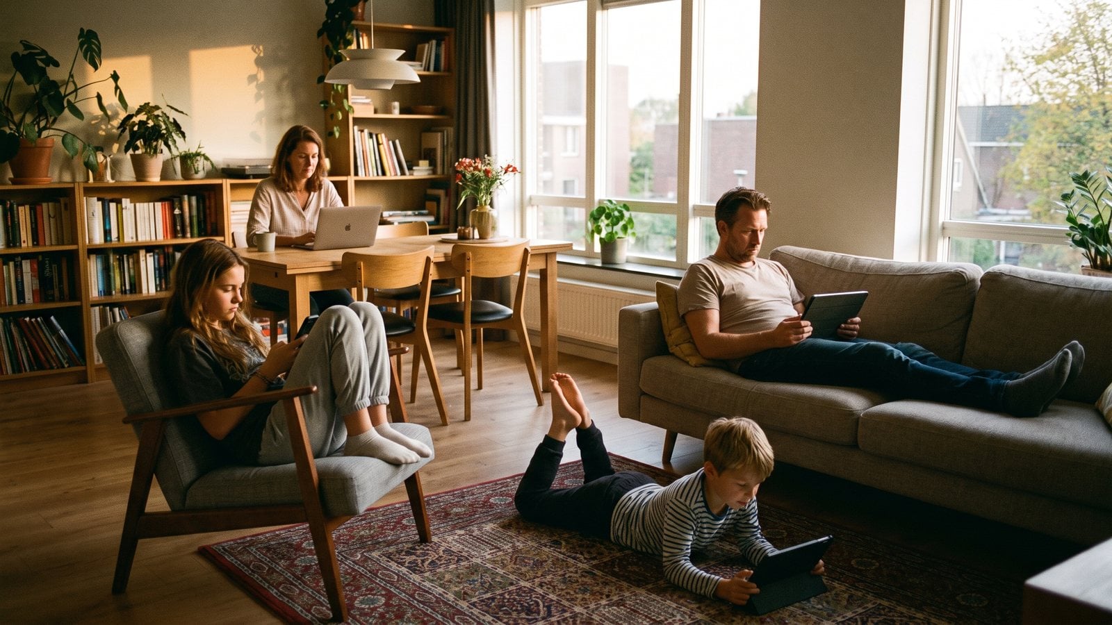 A family of four in a living room in the evening, each absorbed in their own separate device.