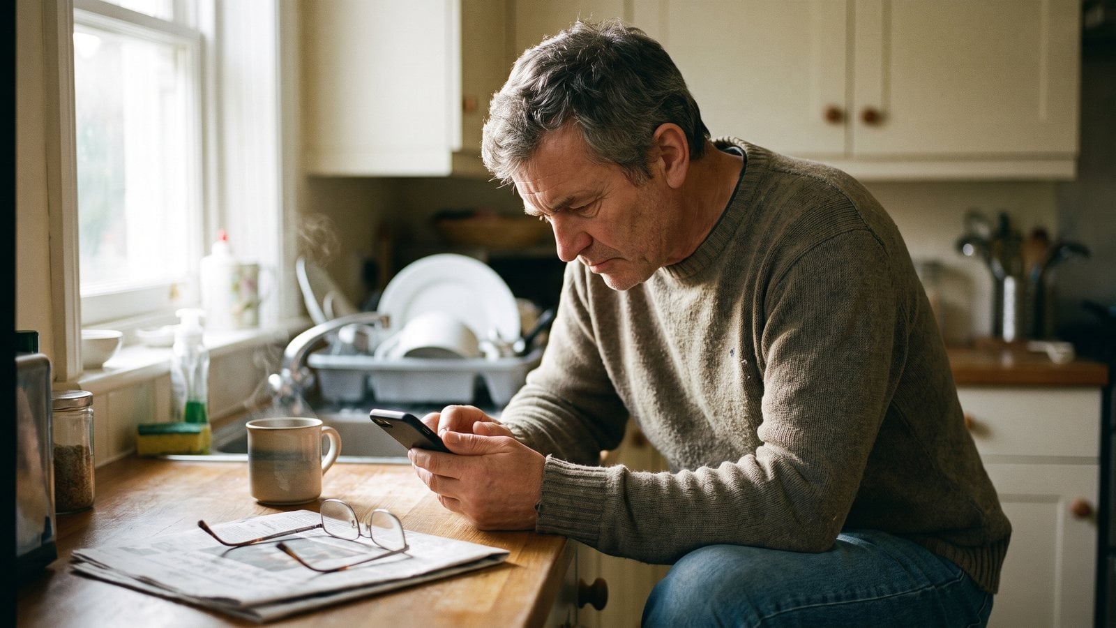A man in his fifties sits at a kitchen counter on a weekday morning, concentrating on his phone, with a mug of coffee and reading glasses beside him.