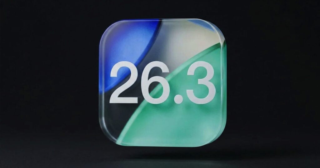 Glossy 3D icon displaying "26.3" in white text, set against a blue, cream, and green translucent glass square on a black background.