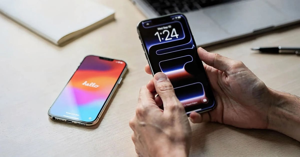 Two hands holding a new iPhone showing a dark abstract lock screen reading "1:24" on Wed Sep 10, while an older silver iPhone displaying the colorful "hello" setup screen rests on a light wood desk beside a notebook, pen, and laptop.