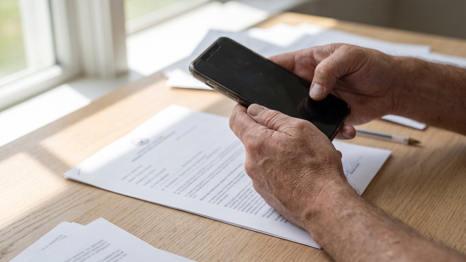 Two hands hold a smartphone parallel above a sheet of paperwork lying flat on a wooden desk, scanning the document.