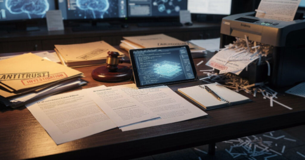 A dark wooden desk covered in legal documents, manila folders stamped "ANTITRUST INVESTIGATION," a wooden gavel, a tablet displaying blue code and a holographic AI chip diagram, and a paper shredder spilling shredded evidence.