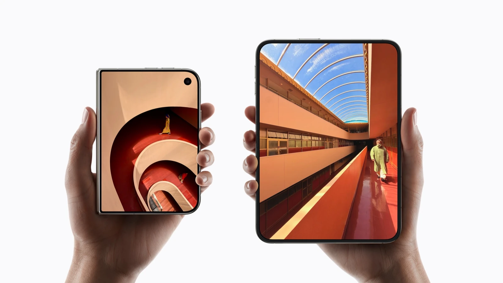 Two hands holding up two iPhone Duo devices, one folded to show the outer display and one unfolded to show the inner display