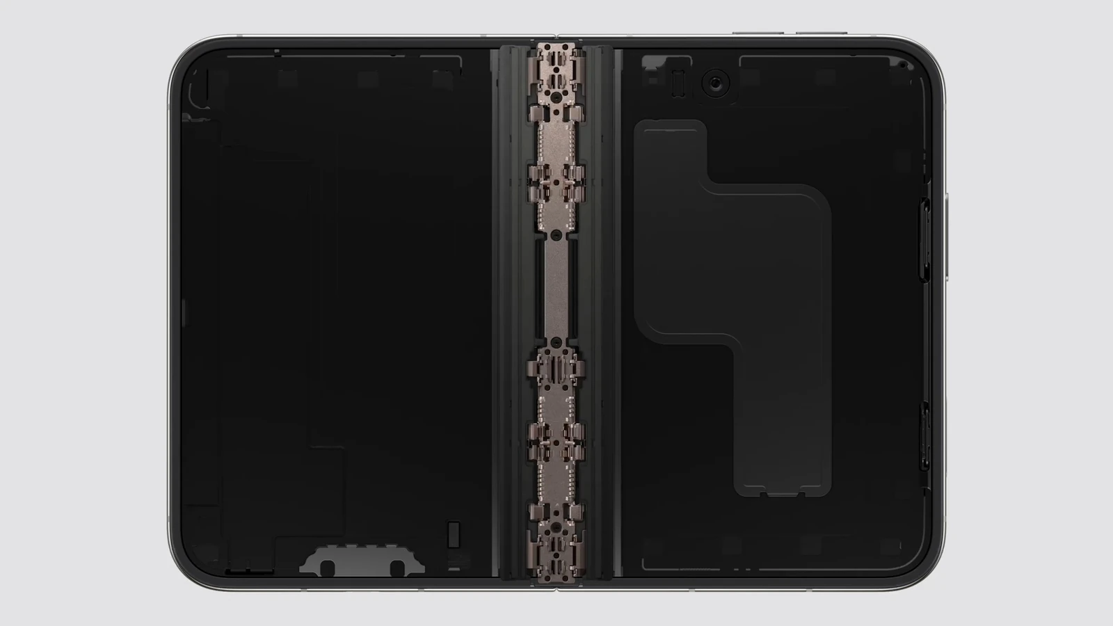 Rear view of iPhone Duo with the enclosure removed, showing the internal hinge mechanism and dual battery layout
