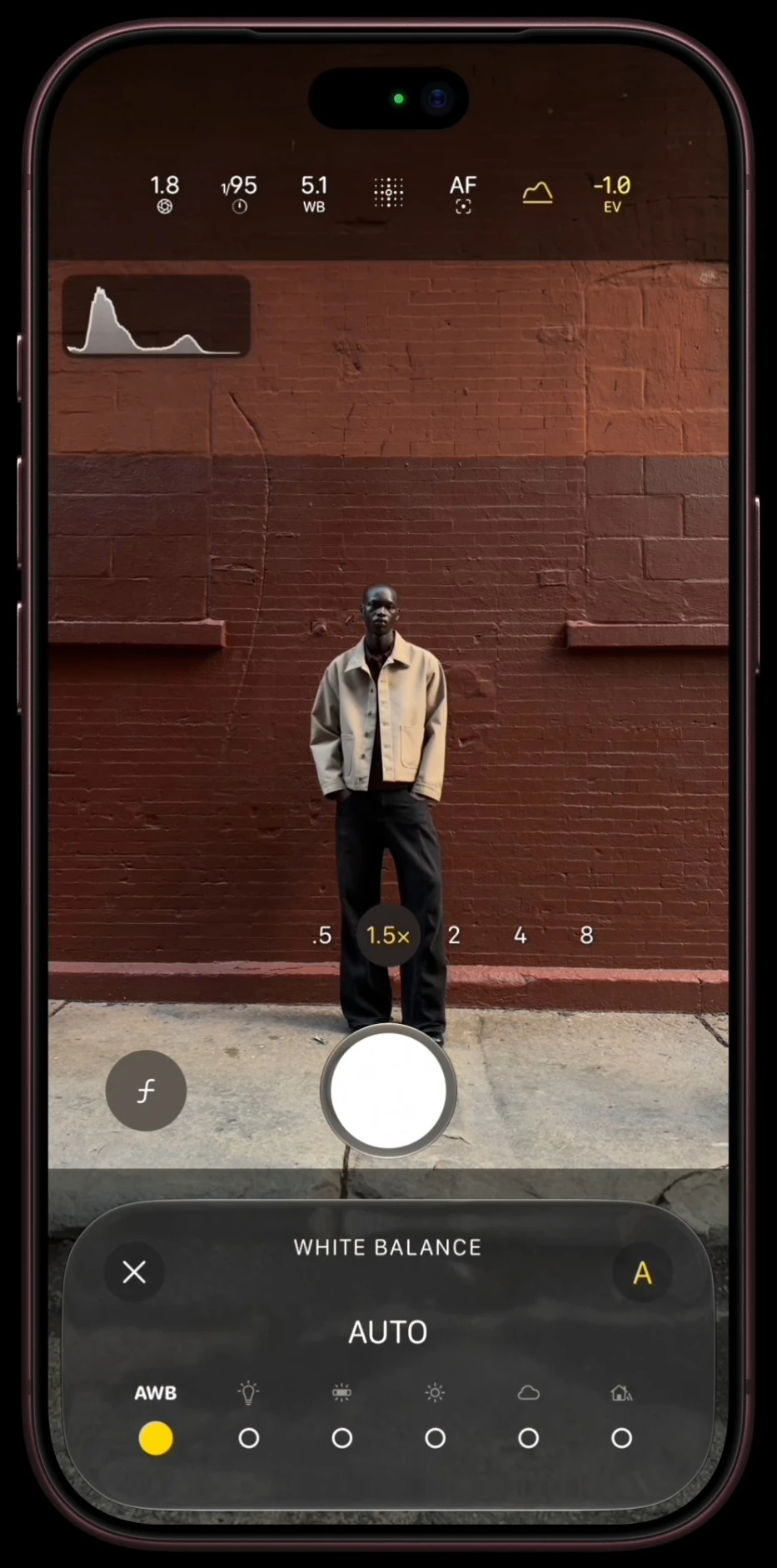 iPhone 18 Pro Camera app showing the Pro controls panel with white balance, histogram, aperture, shutter speed, and EV settings
