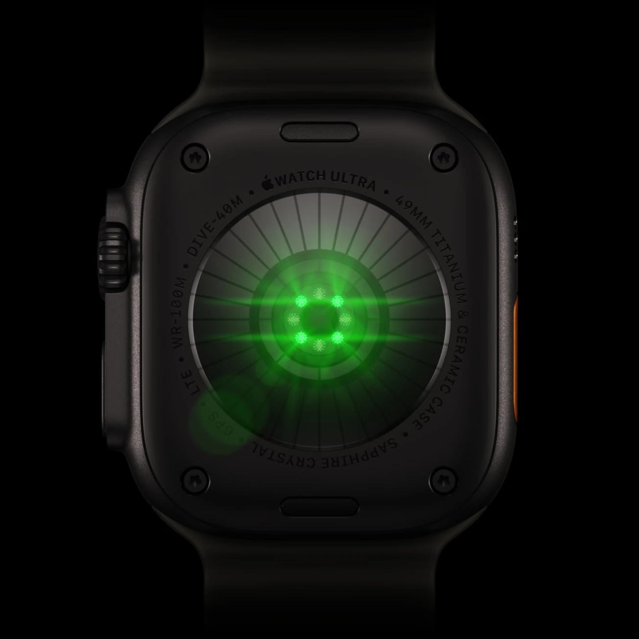 Back of Apple Watch Ultra 4 showing the Health Sensing System optical and electrical heart sensors