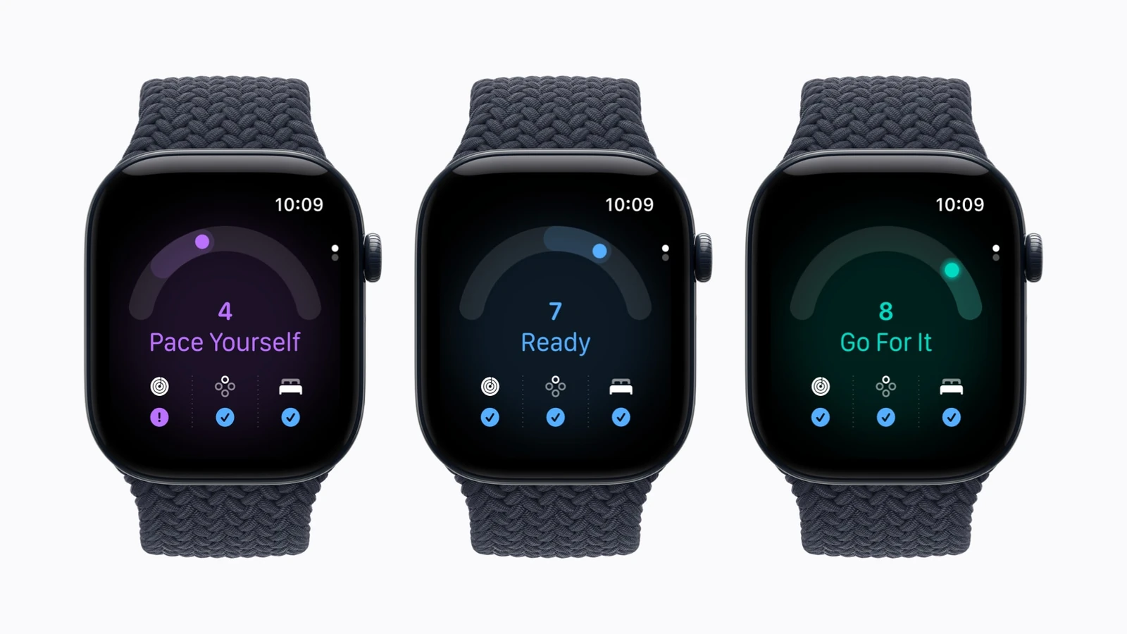 Three Apple Watch Series 12 displays showing readiness recommendations: Pace Yourself, Ready, and Go For It