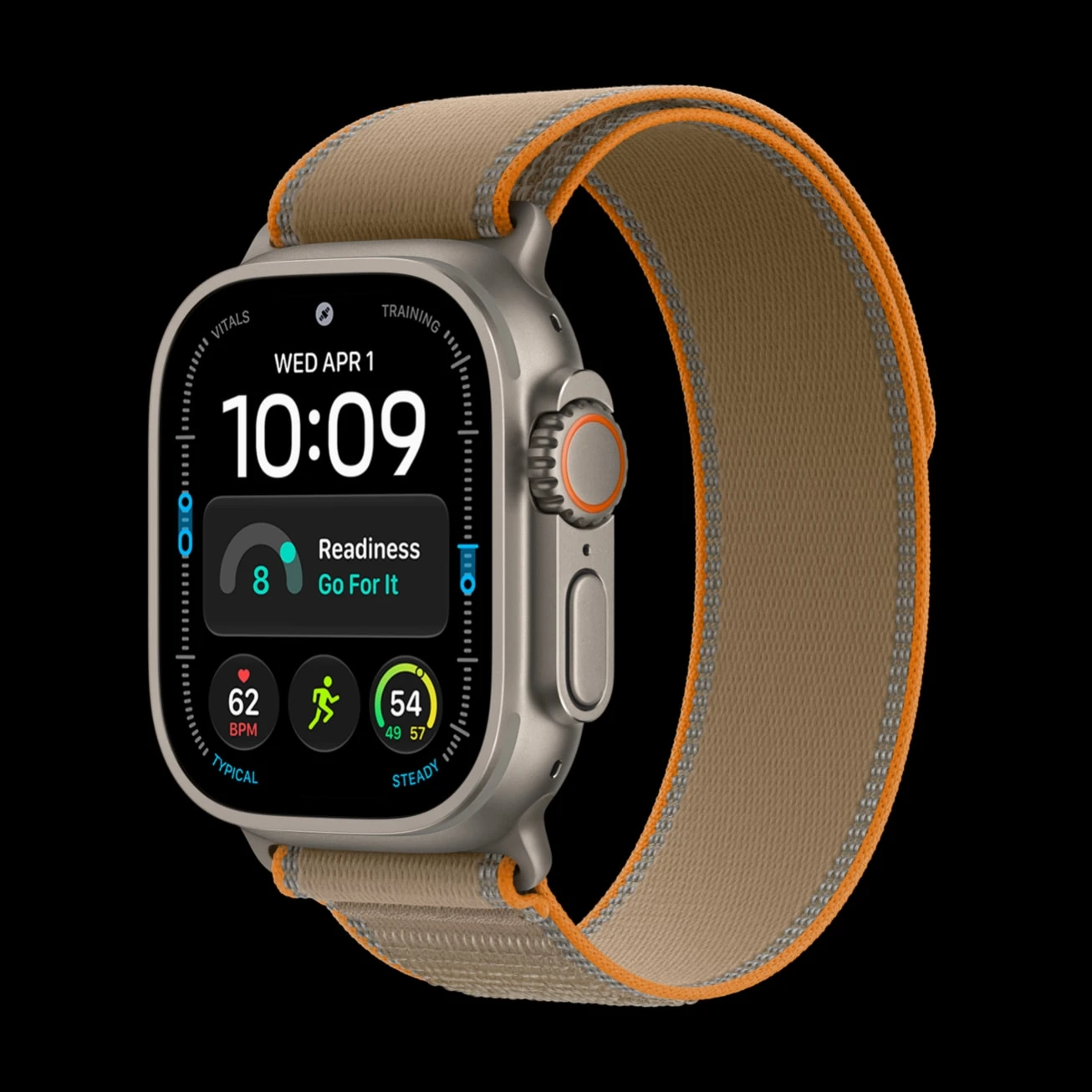Apple Watch Ultra 4 in natural titanium with a Trail Loop band in sand