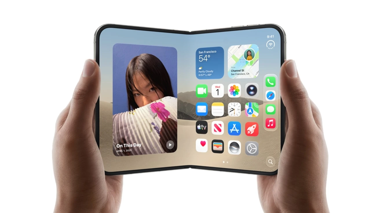 iPhone Duo, Apple's first foldable iPhone, shown partially opened to reveal its inner display