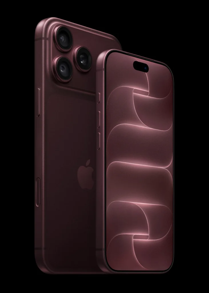 Burgundy iPhone 18 Pro seen from the front next to a burgundy iPhone 18 Pro Max seen from the back