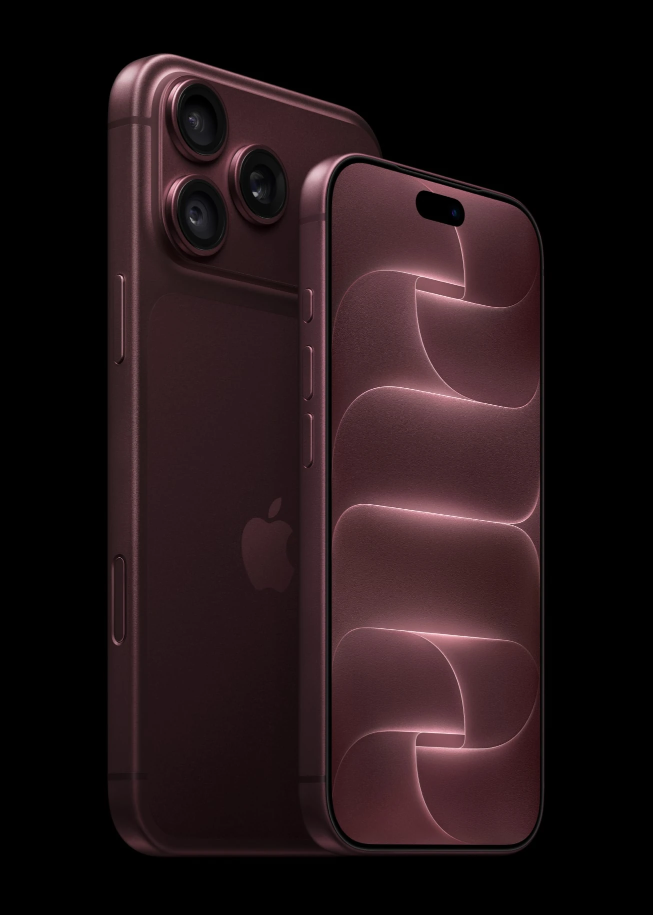 Burgundy iPhone 18 Pro seen from the front next to a burgundy iPhone 18 Pro Max seen from the back