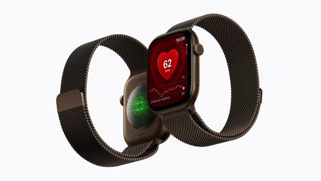 Two Apple Watch Series 12 models, one showing the Heart Rate app on its display and the other showing the sensor array on its back