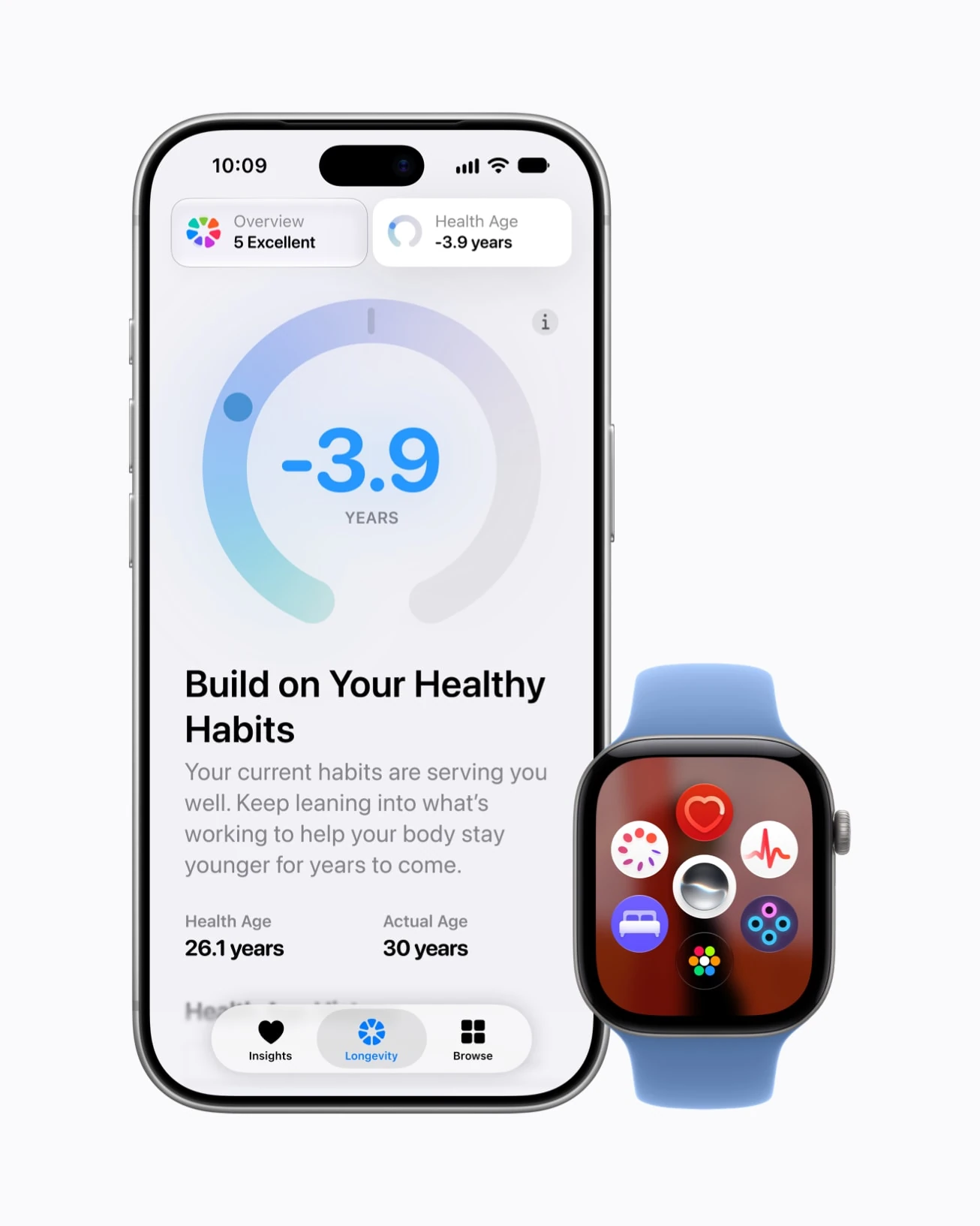 Redesigned Health app on iPhone 18 Pro beside an Apple Watch Series 12 showing a row of app icons