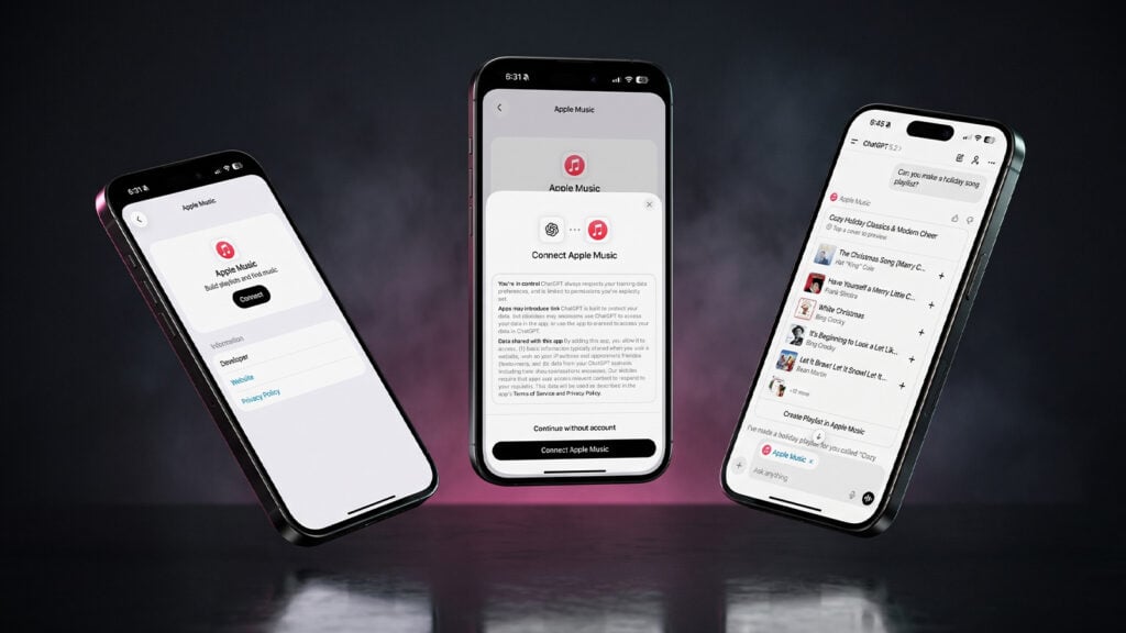 Three iPhones on a dark background with pink lighting showing the ChatGPT and Apple Music connection flow, including an "Apple Music" app page with a Connect button, a "Connect Apple Music" permissions dialog, and a ChatGPT chat generating a holiday song playlist.