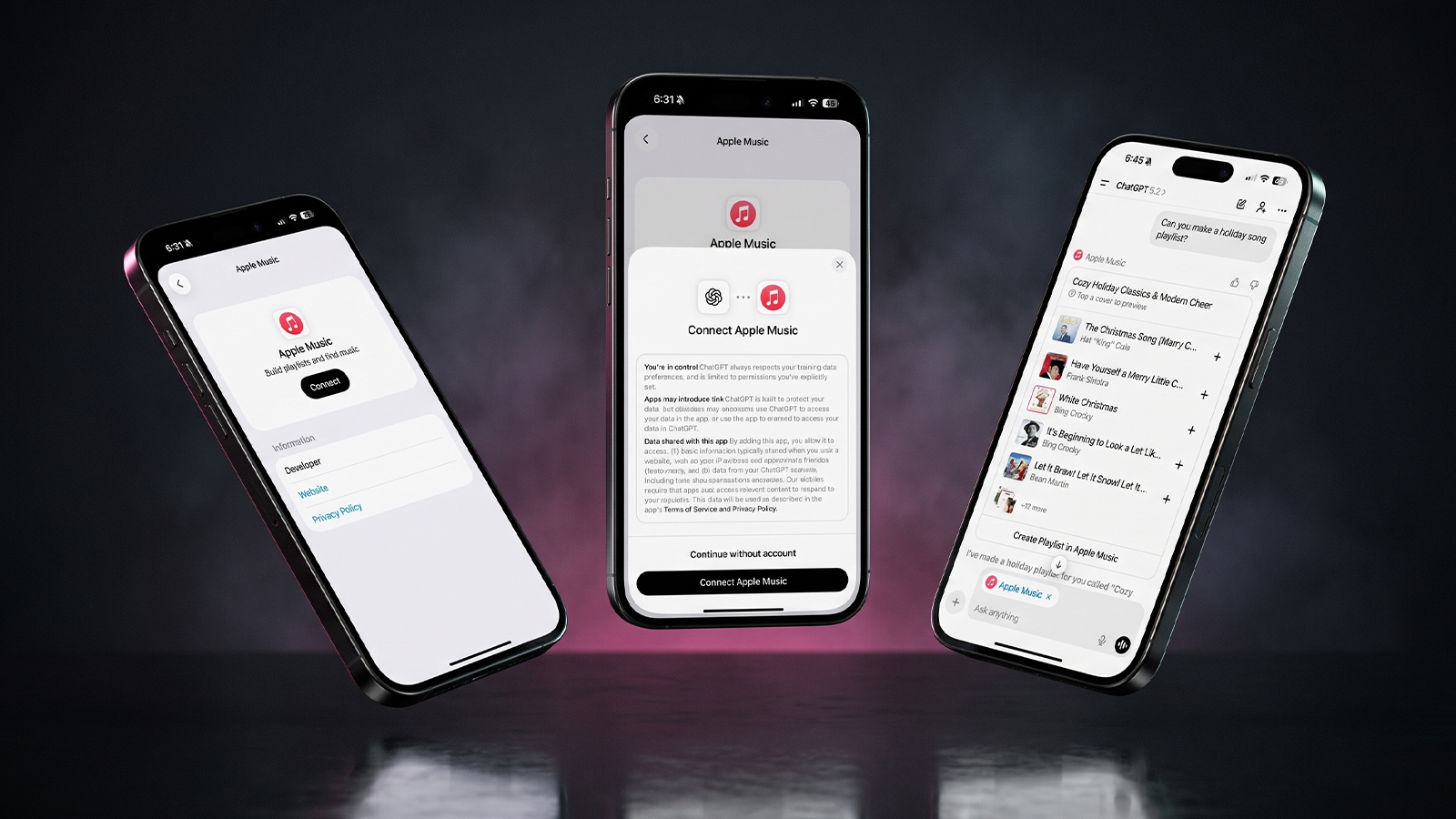 Three iPhones on a dark background with pink lighting showing the ChatGPT and Apple Music connection flow, including an "Apple Music" app page with a Connect button, a "Connect Apple Music" permissions dialog, and a ChatGPT chat generating a holiday song playlist.