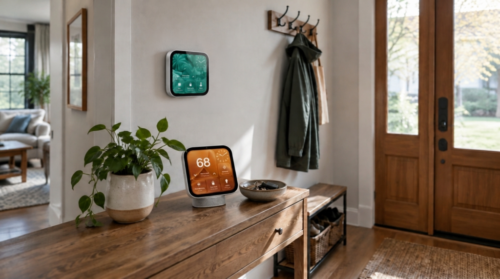 Small smart display on an entryway wall by the front door, the spot many pick for an Apple HomeView wall mount