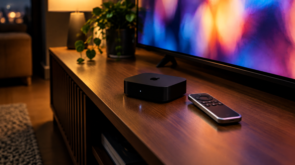 Black streaming box and remote on a wooden TV console in a dim living room, like an Apple TV 4K 1st generation