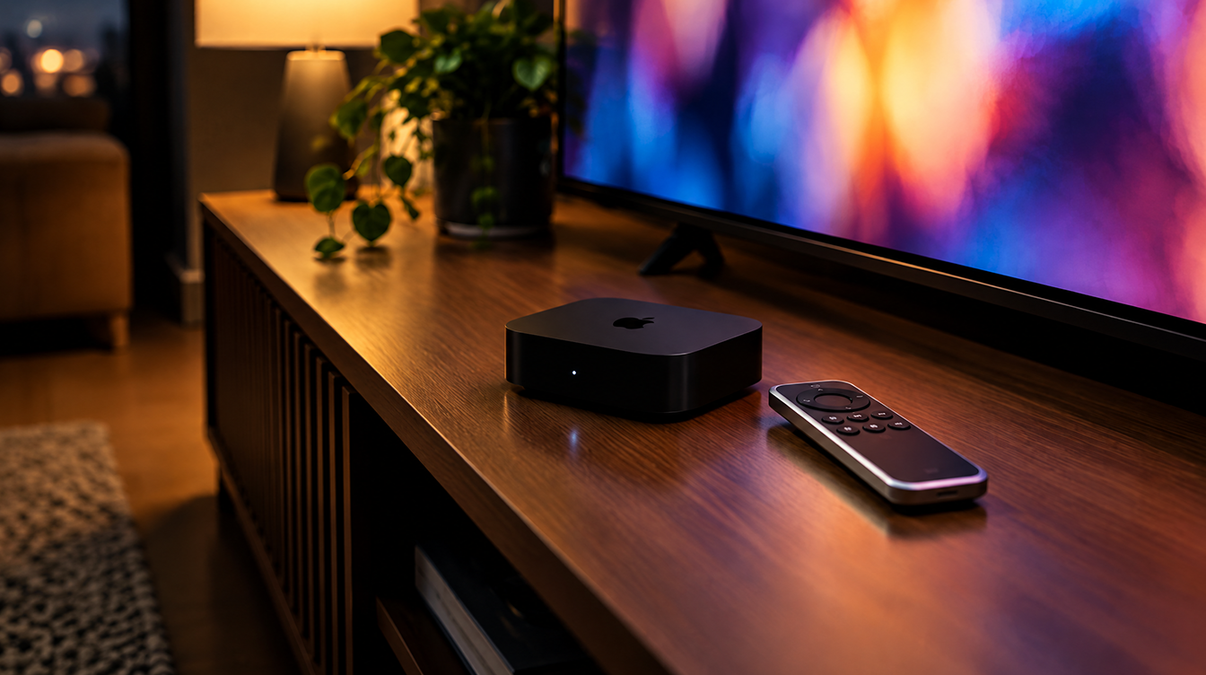 Black streaming box and remote on a wooden TV console in a dim living room, like an Apple TV 4K 1st generation