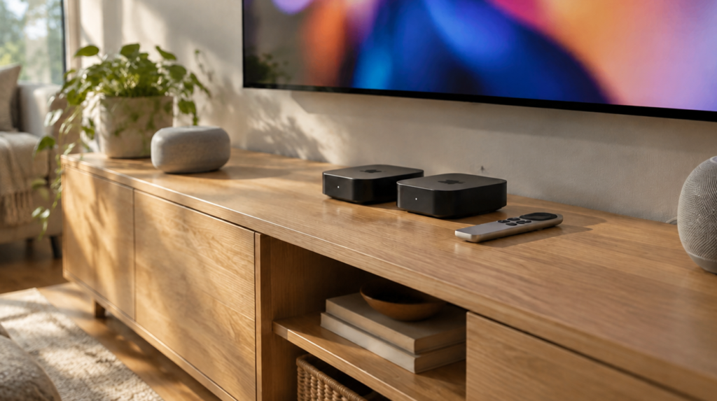 Two small black streaming boxes side by side on an oak TV console, set up for an Apple TV 4K 2026 vs 2022 comparison