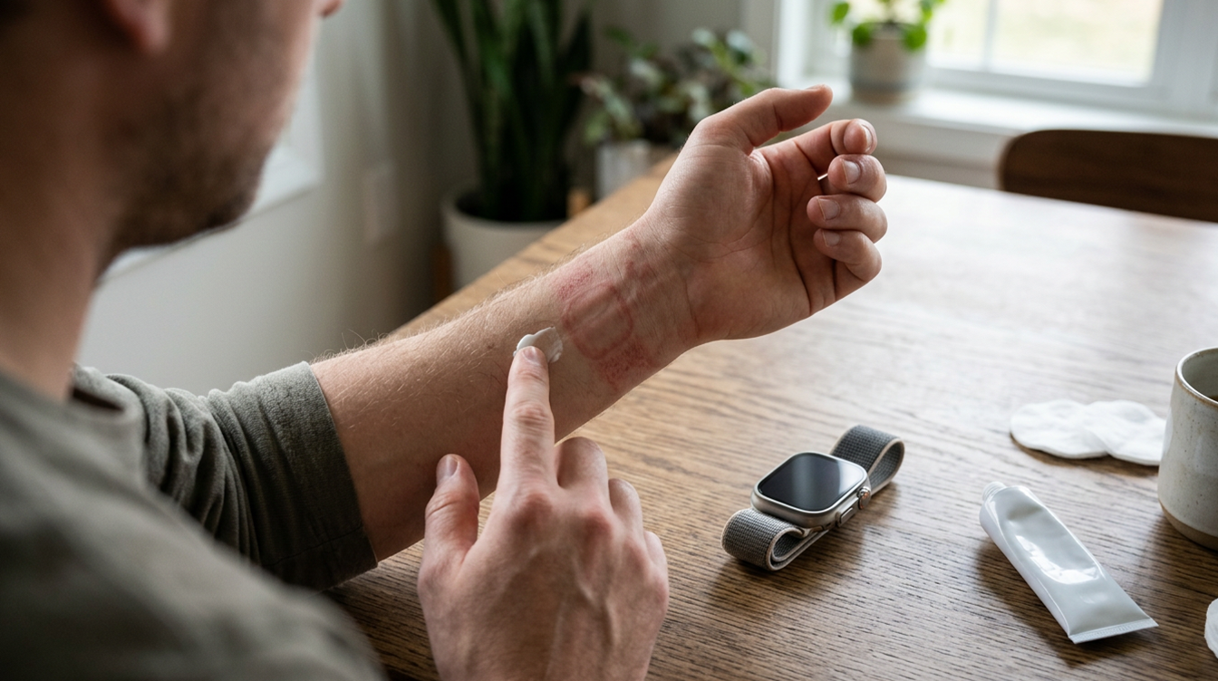 Smartwatch lying face down on a towel beside a wrist with a faint red mark, a common sign of apple watch skin irritation