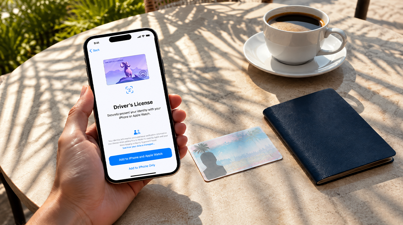 Hand holding a phone over a sunny cafe table with a license card and passport, no Florida digital drivers license yet