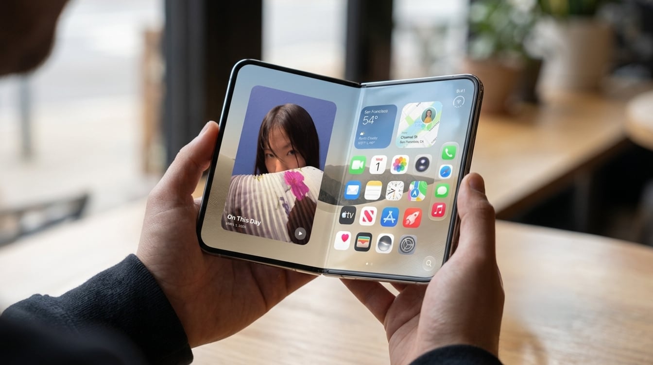 Hand holding a half-open folding phone in a clear case over a sidewalk, a risky moment for iPhone Duo AppleCare