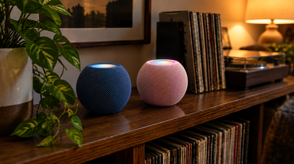 Two small fabric speakers glowing on a living room bookshelf at night, a HomePod mini 2 vs 1 side-by-side setup