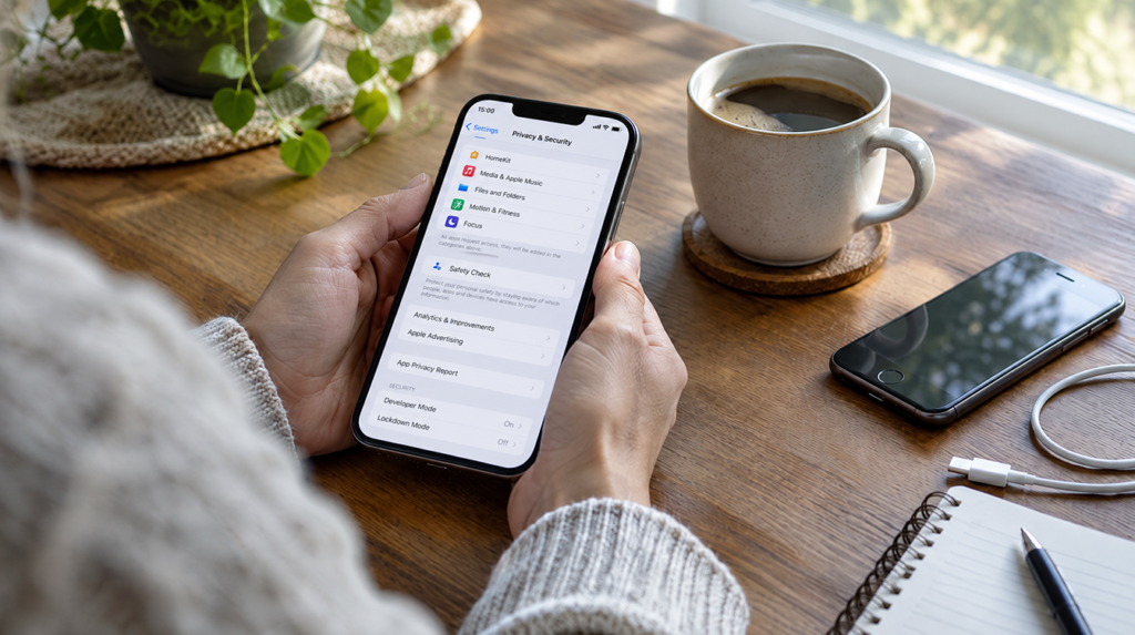 Hands holding a phone at a kitchen table with coffee and an older phone nearby, ready to check iPhone for spyware