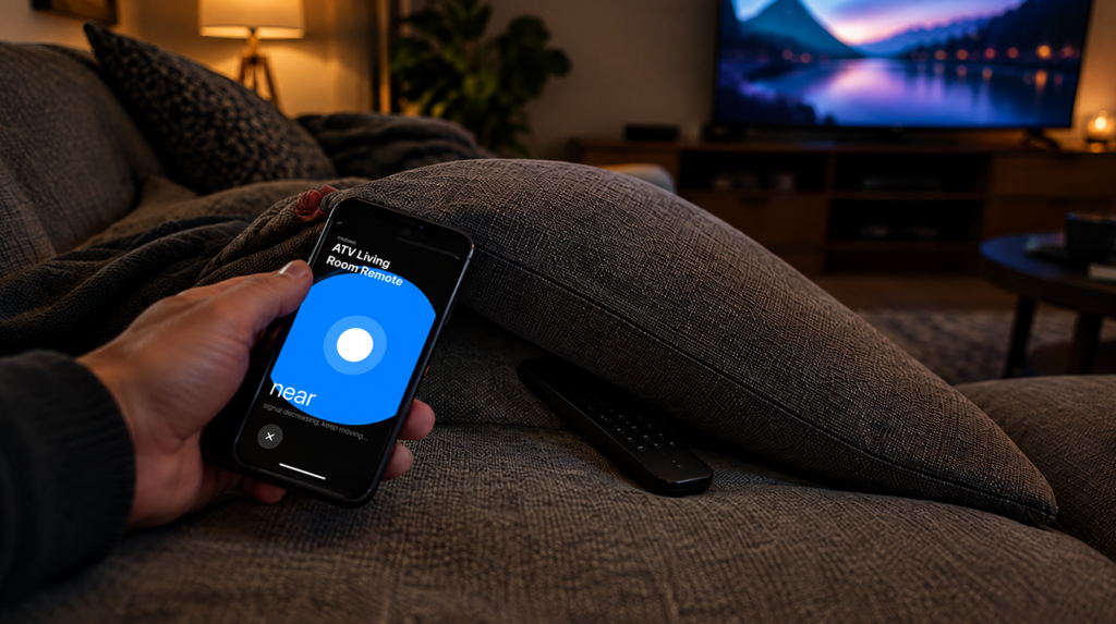 Hand holding a phone over a lifted sofa cushion in a dim living room, hunting for a lost Apple TV remote