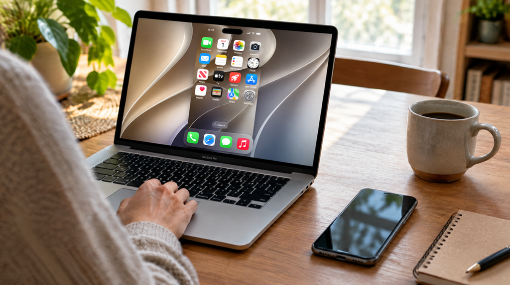 Laptop on a kitchen table showing a large phone window next to a locked phone, set up for iPhone Mirroring macOS 27