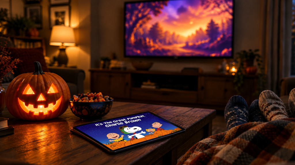 Jack-o'-lantern and tablet on a coffee table as a TV glows, set for Great Pumpkin Charlie Brown free movie night