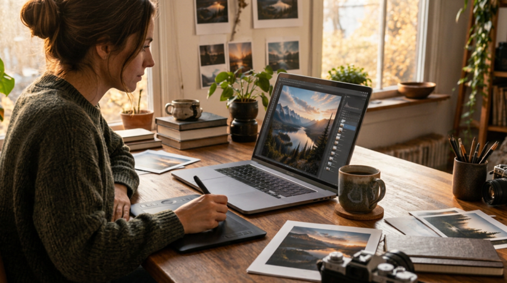 Person editing a layered landscape photo on a laptop at a home studio desk, a free Photoshop alternative Mac setup