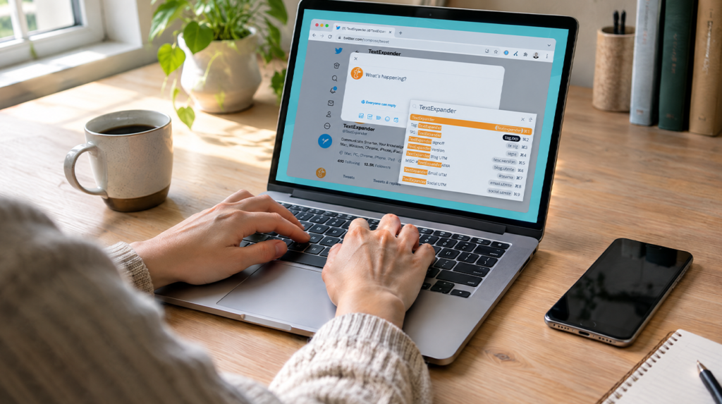 Hands typing on a silver laptop beside a phone and coffee mug at a sunny desk, set up for the TextExpander free version