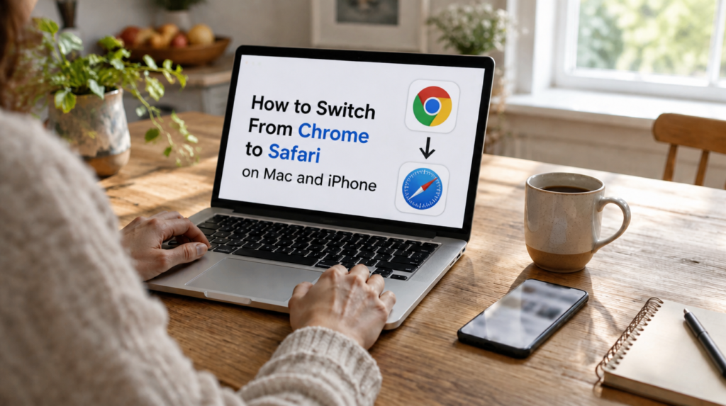 Hands near an open laptop and phone on a kitchen table, ready to switch from Chrome to Safari