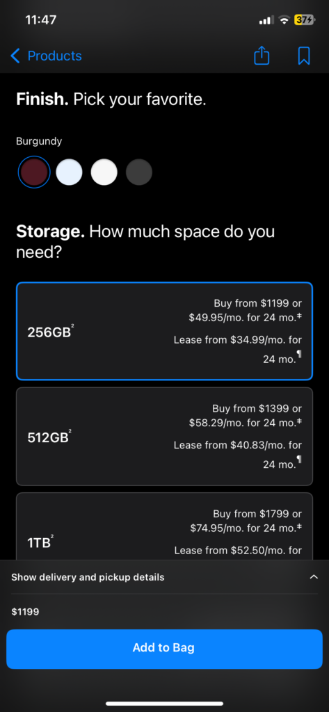 Apple Store app iPhone 18 Pro configuration screen with color, storage and pickup options